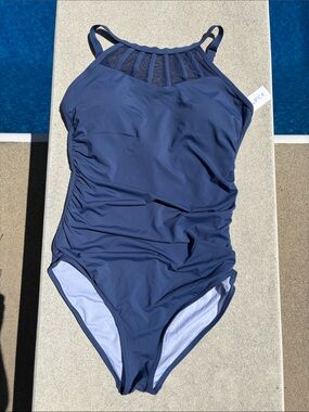 Navy High-Neck One-Piece Swimsuit with Mesh Yoke
